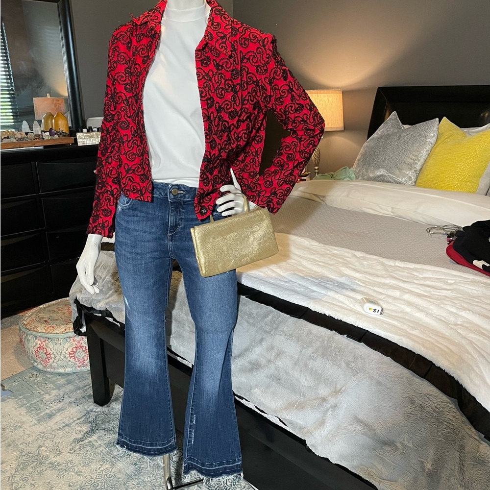 Vintage Women's Chico's Red with Textured Black Rope Detail Blazer Jacket